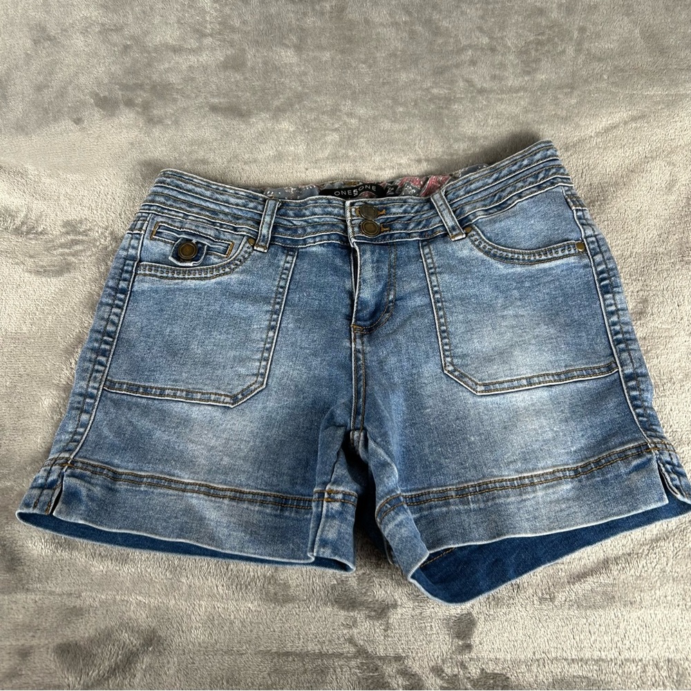 One5One Denim‎ Shorts Womens Pockets Stretch Double Button Blue 4 Preppy Jean